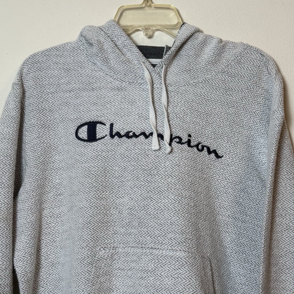 Champion Hoodie Sweatshirt Gray Chevron Pattern Embroidered Logo Size L Large